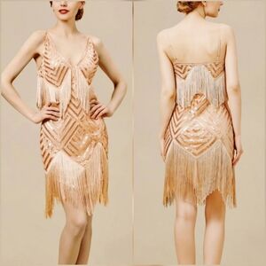 BABEYOND New Golden Apricot Beaded Sequin V-neck Slip Flapper Dress SZ Medium